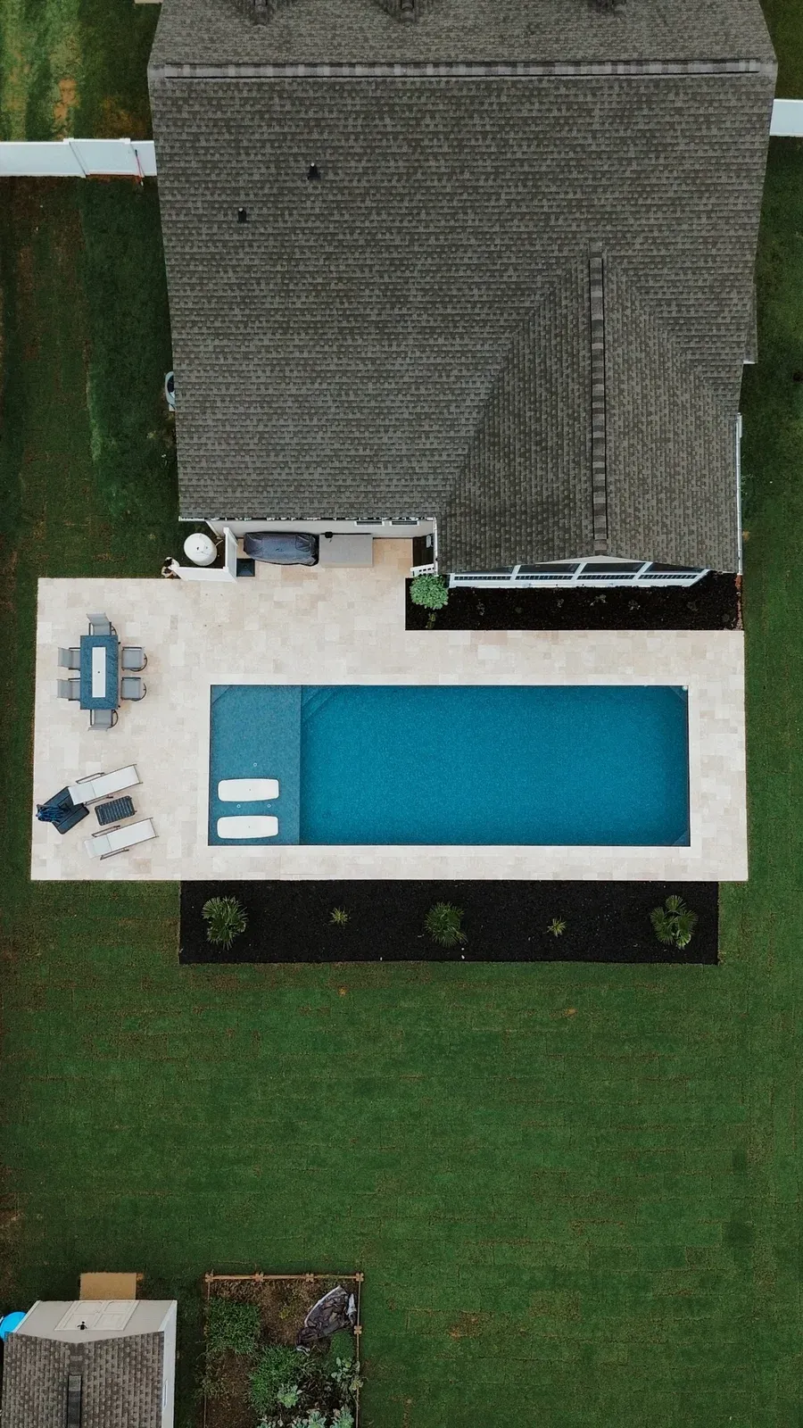 Clayton Inground Pool, Black Slate Membrane with Ivory Travertine